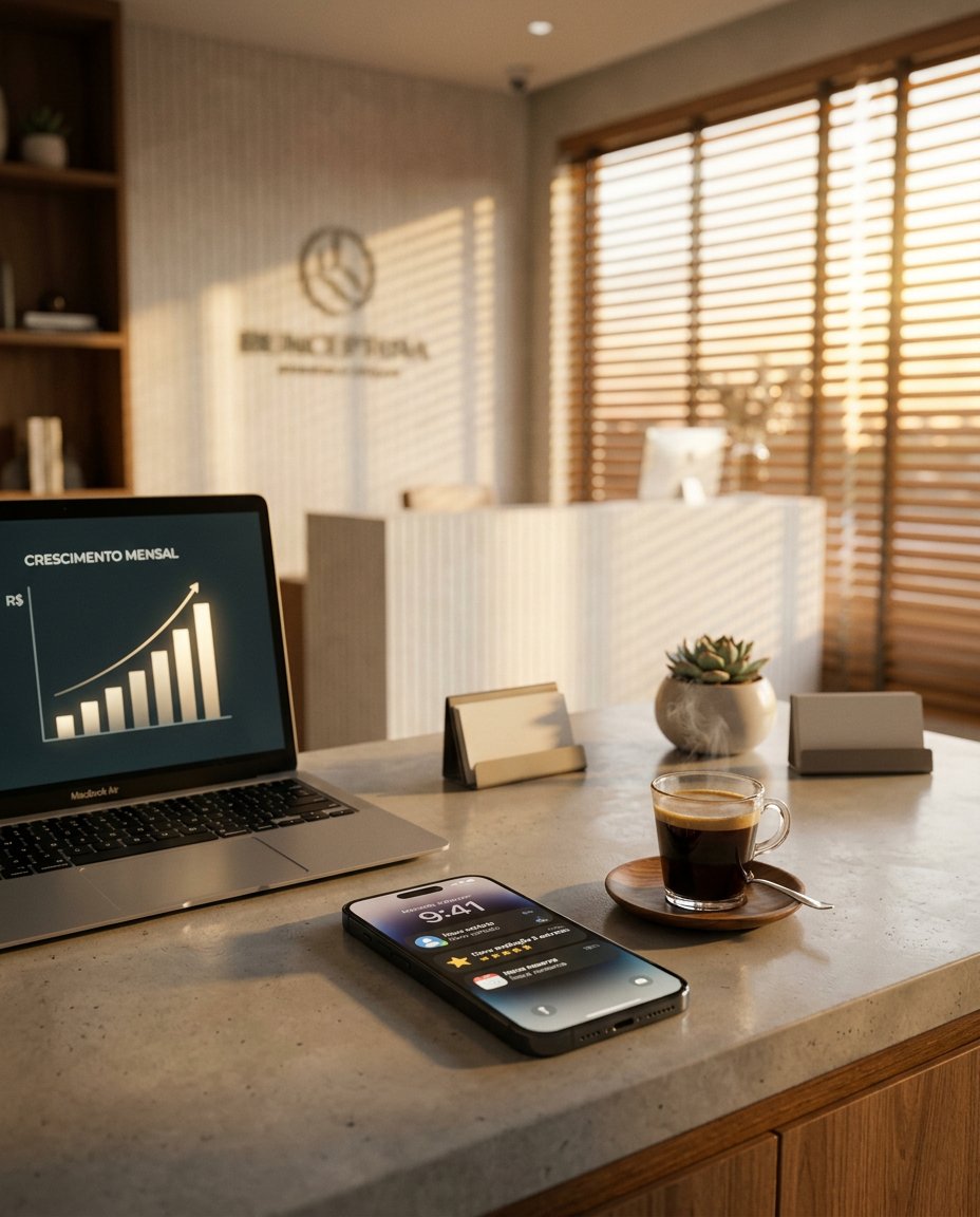 Mesa de trabalho com notebook mostrando gráfico de crescimento e celular recebendo avaliações