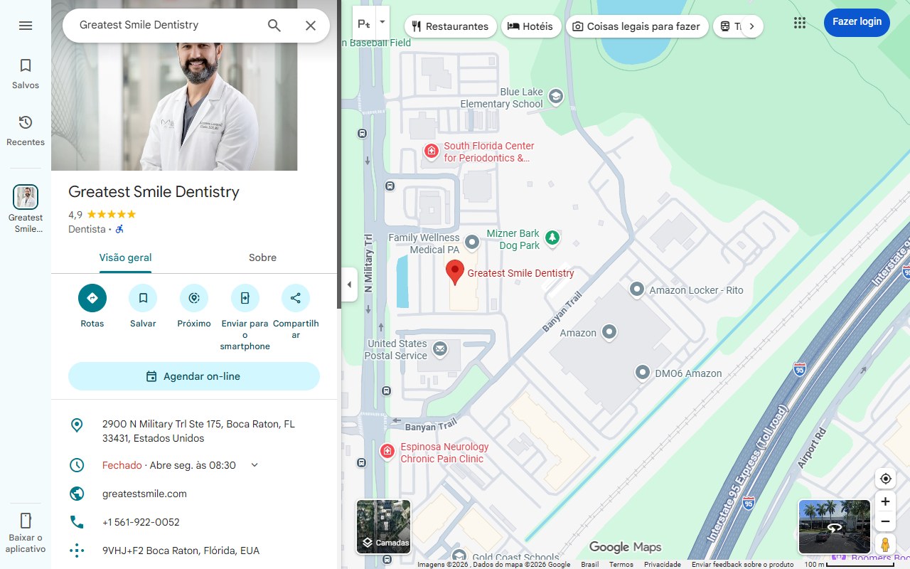Perfil do Google Meu Negócio do cliente Greatest Smile Dentistry no Google Maps, nota 4,9
